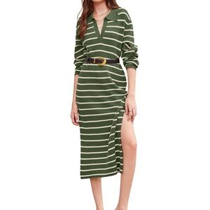 Chunky Knit Striped Sweater Dress in Army Green and Cream, SZ L NWT